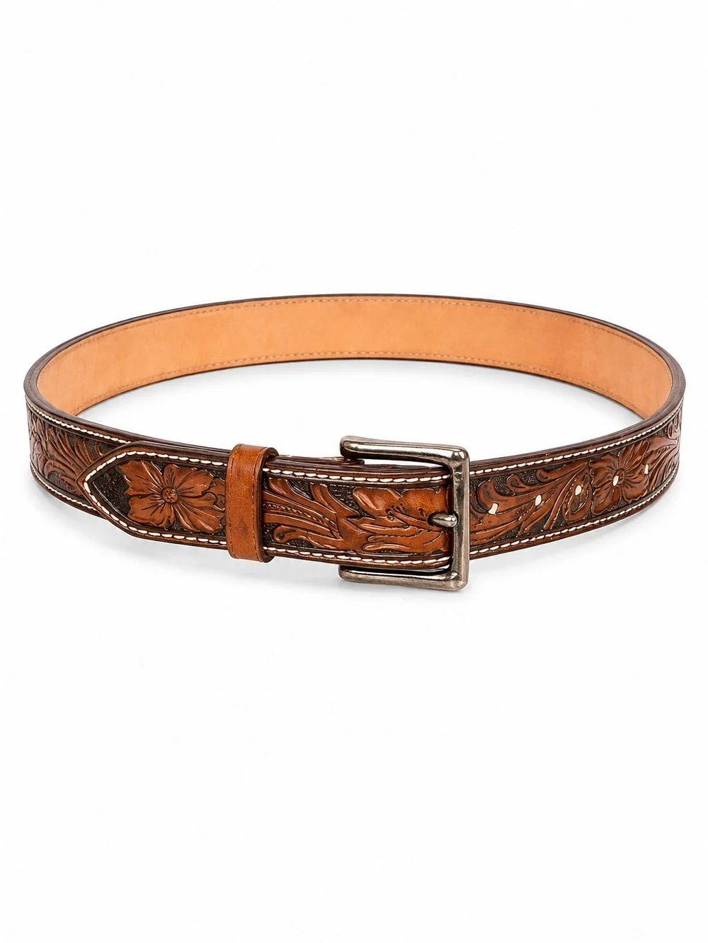 Tooled Leather Floral Belt - Dark brown Tan handmade